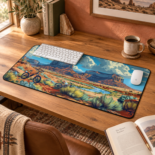 Desert Trails Desk Mat (Desk Pad) in a warm home workspace with a white Apple mouse.