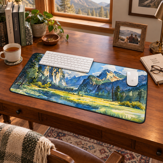 Yosemite Valley Vista Desk Mat (Desk Pad) in a warm home workspace with a white Apple mouse.