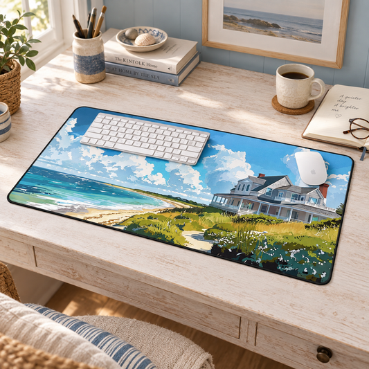 Nantucket Beach House Desk Mat (Desk Pad) in a warm home workspace with a white Apple mouse.