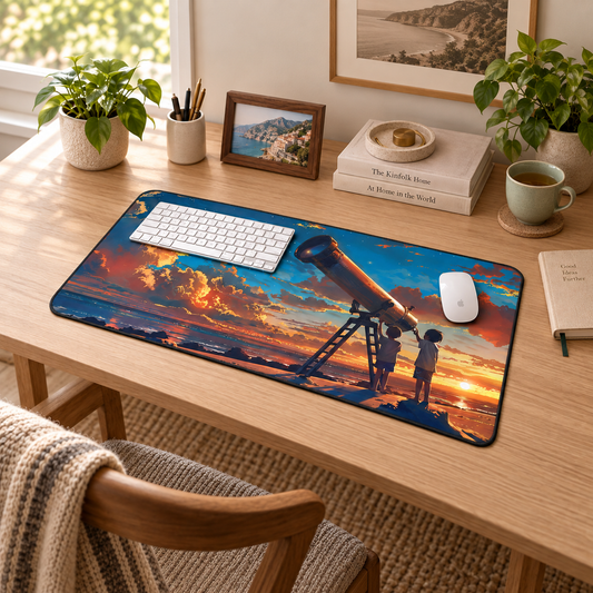 Cosmic Curiosity Desk Mat (Desk Pad) in a warm home workspace with a white Apple mouse.