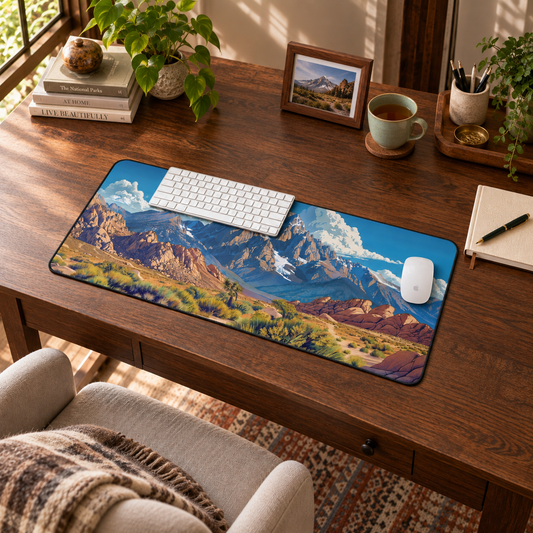 Alabama Hills & Mount Whitney Desk Mat (Desk Pad) in a warm home workspace with a white Apple mouse.