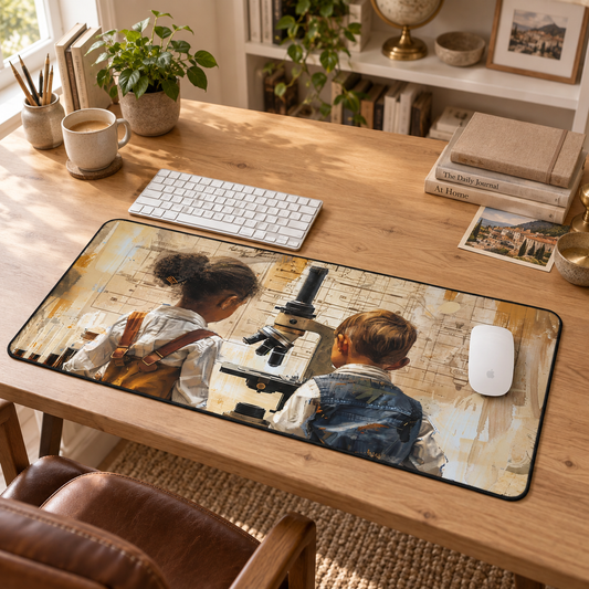 Young Scientific Explorers Desk Mat (Desk Pad) in a warm home workspace with a white Apple mouse.