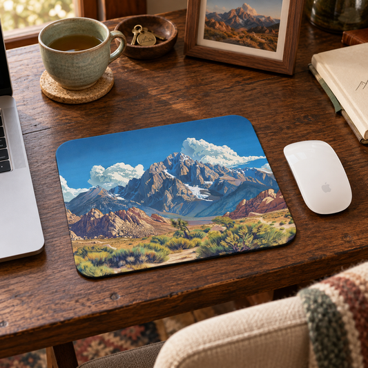 Alabama Hills & Mount Whitney Mouse Pad in a warm home workspace with a white Apple mouse.