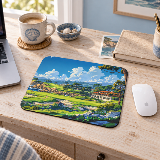 Coastal Fairway Escape Mouse Pad in a warm home workspace with a white Apple mouse.