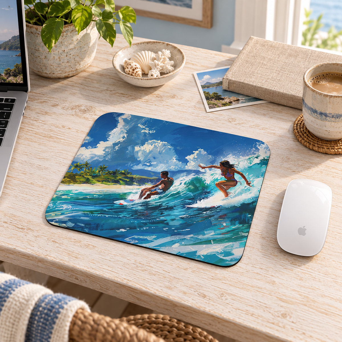 Wave Rider Mouse Pad in a warm home workspace with a white Apple mouse.