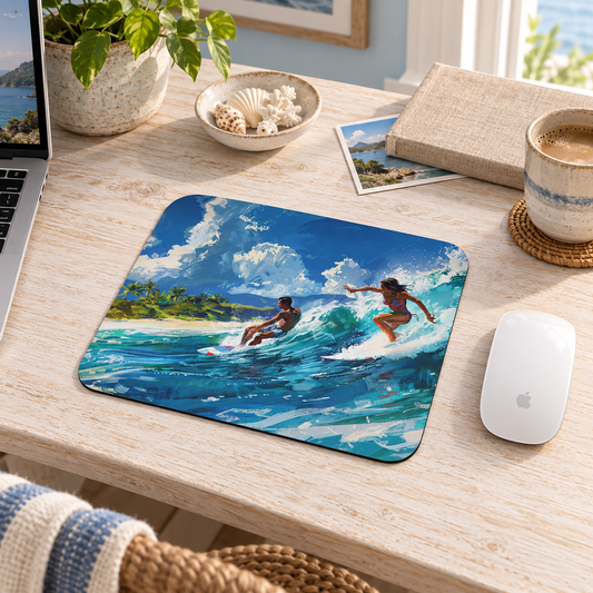 Wave Rider Mouse Pad in a warm home workspace with a white Apple mouse.