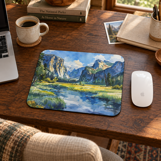 Yosemite Valley Vista Mouse Pad in a warm home workspace with a white Apple mouse.