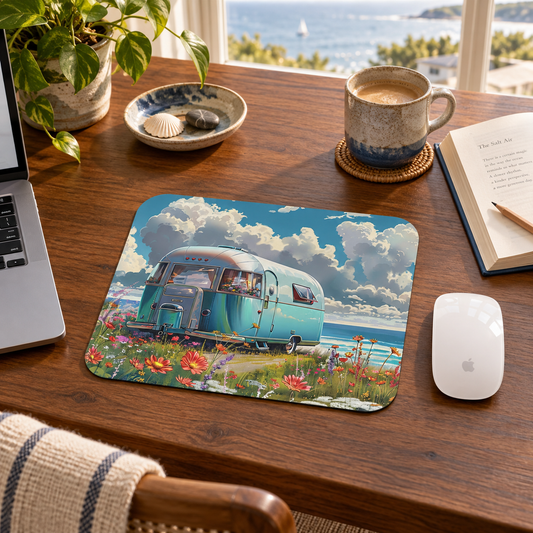 Retro Beach Bliss Mouse Pad in a warm home workspace with a white Apple mouse.