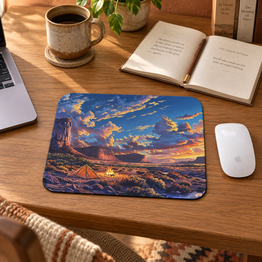 Desert Sunset Serenade Mouse Pad in a warm home workspace with a white Apple mouse.