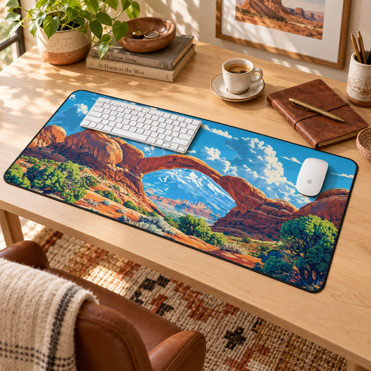 Arches Vista Desk Mat (Desk Pad) in a warm home workspace with a white Apple mouse.