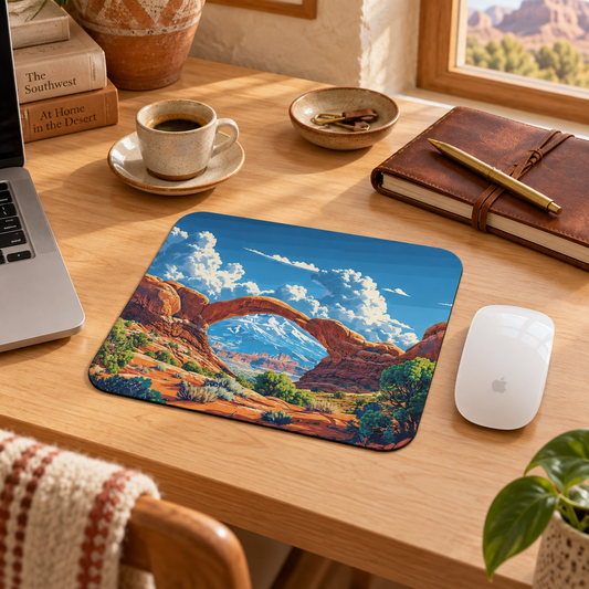 Arches Vista Mouse Pad in a warm home workspace with a white Apple mouse.