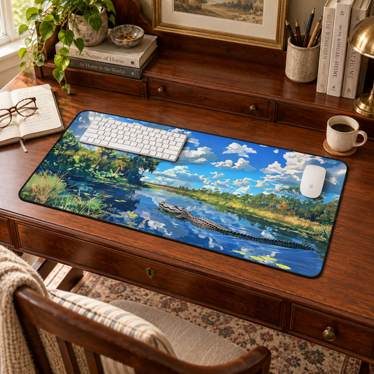 Everglades Encounter Desk Mat (Desk Pad) in a warm home workspace with a white Apple mouse.