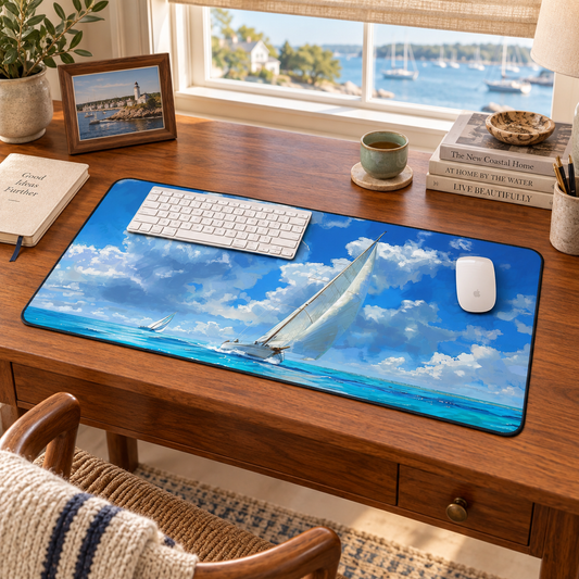 Ocean Breeze Sailing Desk Mat (Desk Pad) in a warm home workspace with a white Apple mouse.