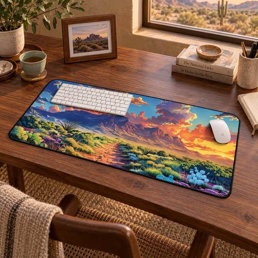 Desert Dusk Journey Desk Mat (Desk Pad) in a warm home workspace with a white Apple mouse.