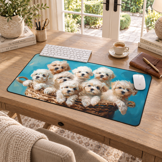 Basket of Puppy Love Desk Mat (Desk Pad) in a warm home workspace with a white Apple mouse.