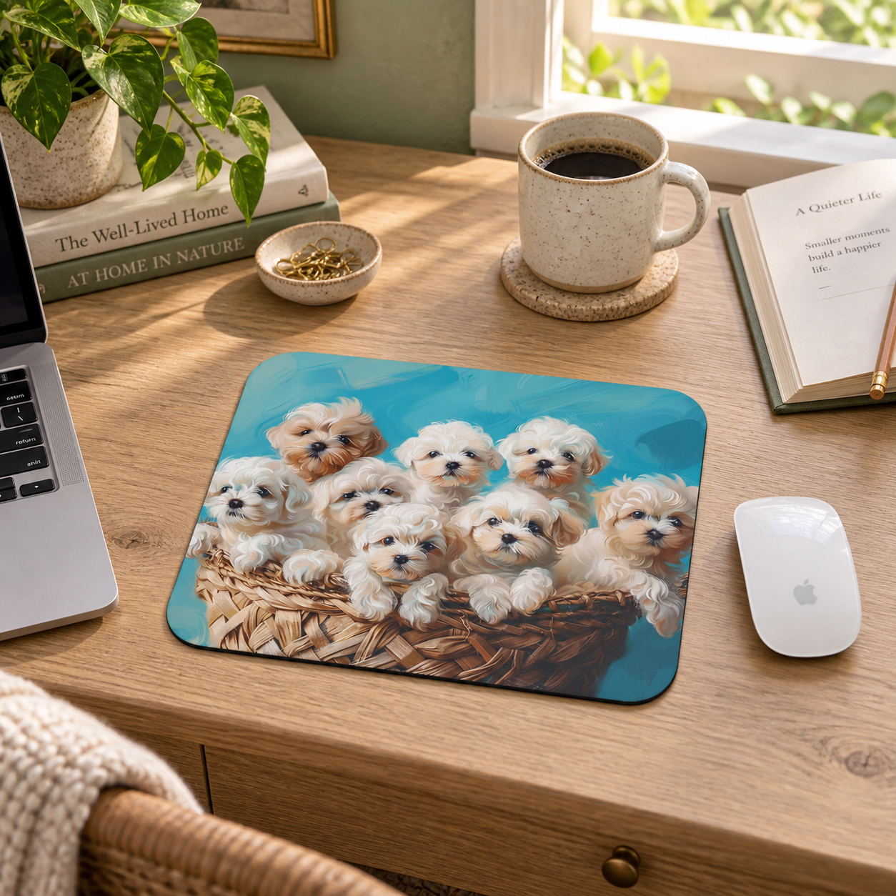 Basket of Puppy Love Mouse Pad in a warm home workspace with a white Apple mouse.
