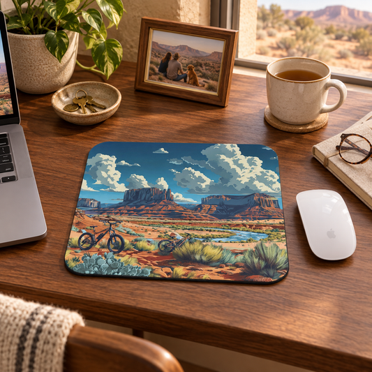 Desert Trails Mouse Pad in a warm home workspace with a white Apple mouse.
