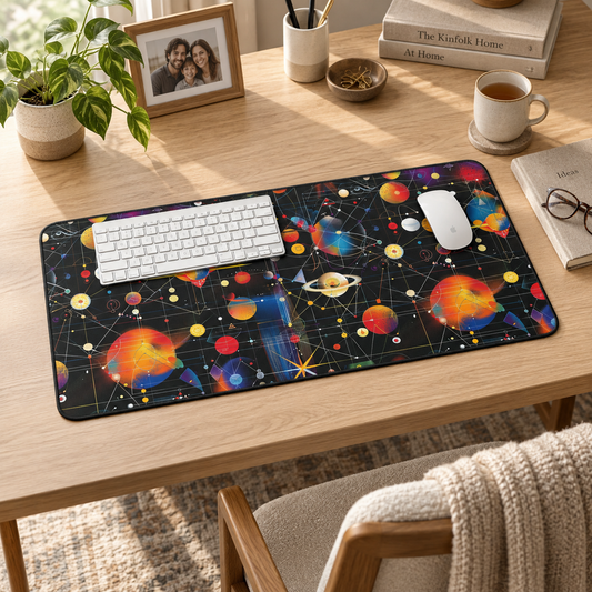 Galactic Space Grid Desk Mat (Desk Pad) in a warm home workspace with a white Apple mouse.