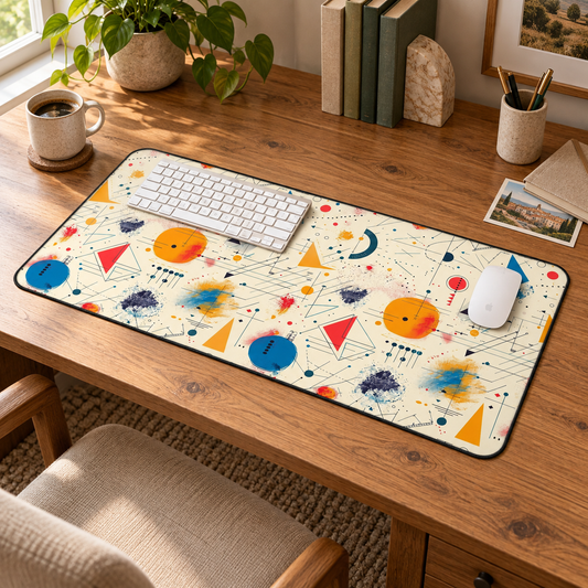 Geometric Harmony Desk Mat (Desk Pad) in a warm home workspace with a white Apple mouse.