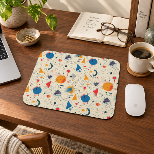 Geometric Harmony Mouse Pad in a warm home workspace with a white Apple mouse.