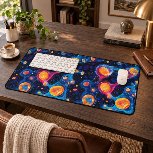 Birth of Celestial Life Desk Mat (Desk Pad) in a warm home workspace with a white Apple mouse.
