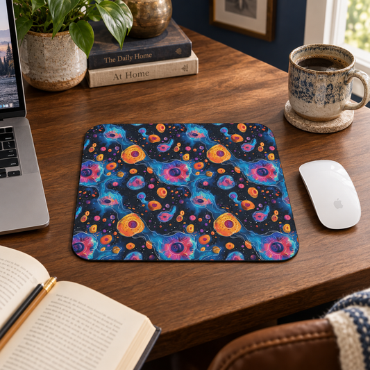 Birth of Celestial Life Mouse Pad in a warm home workspace with a white Apple mouse.