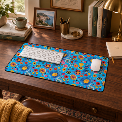 Primordial Sea Life Desk Mat (Desk Pad) in a warm home workspace with a white Apple mouse.
