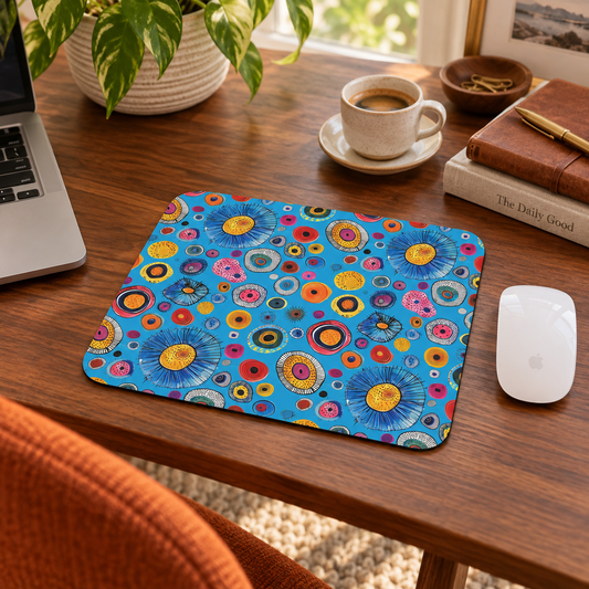 Primordial Sea Life Mouse Pad in a warm home workspace with a white Apple mouse.