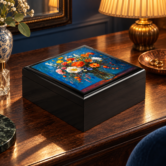 Blossoms on Blue Jewelry Box — original lifestyle photograph on a styled dressing table, with the printed lid fully visible.
