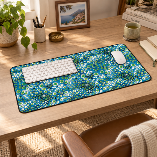 Embryonic Space Pods Desk Mat (Desk Pad) in a warm home workspace with a white Apple mouse.
