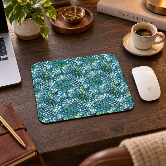 Embryonic Space Pods Mouse Pad in a warm home workspace with a white Apple mouse.