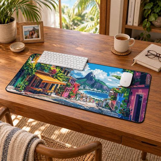 Rio de Janeiro Paradise Desk Mat (Desk Pad) in a warm home workspace with a white Apple mouse.