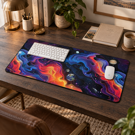 Planetary Solar Flare Desk Mat (Desk Pad) in a warm home workspace with a white Apple mouse.