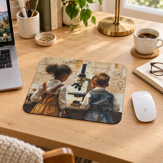 Young Scientific Explorers Mouse Pad in a warm home workspace with a white Apple mouse.