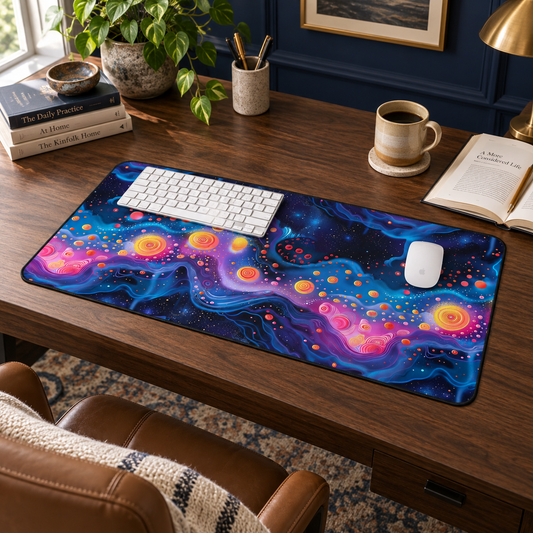 Cosmic Milky Way Desk Mat (Desk Pad) in a warm home workspace with a white Apple mouse.