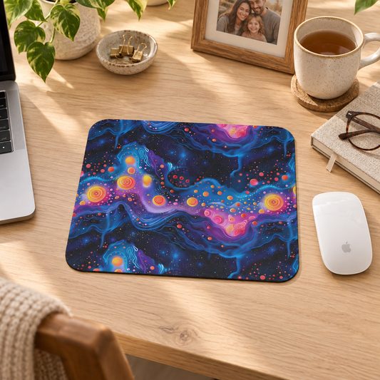 Cosmic Milky Way Mouse Pad in a warm home workspace with a white Apple mouse.