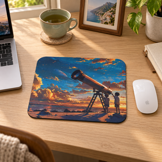Cosmic Curiosity Mouse Pad in a warm home workspace with a white Apple mouse.