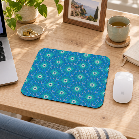 Sapphire Nebula Mouse Pad in a warm home workspace with a white Apple mouse.