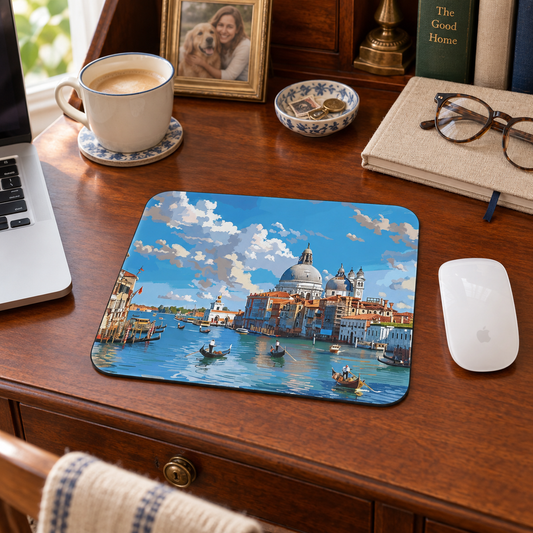 Venetian Grand Canal Mouse Pad in a warm home workspace with a white Apple mouse.
