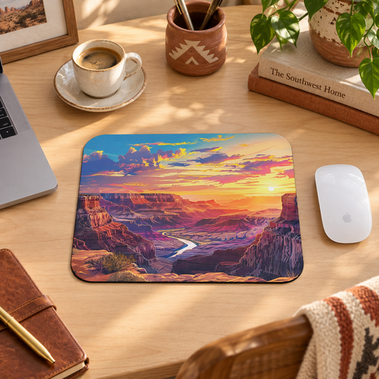 Golden Grand Canyon Glow Mouse Pad in a warm home workspace with a white Apple mouse.