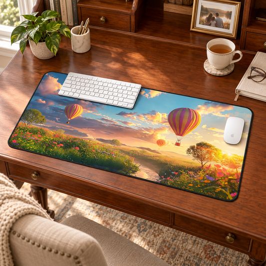 Hot Air Balloons at Sunrise Desk Mat (Desk Pad) in a warm home workspace with a white Apple mouse.