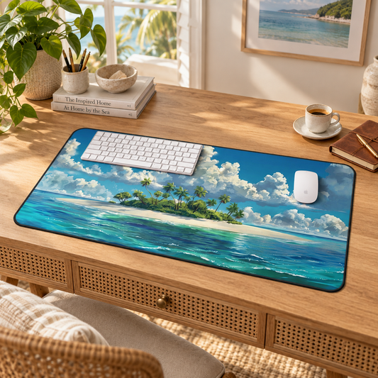Island Daydreams Desk Mat (Desk Pad) in a warm home workspace with a white Apple mouse.