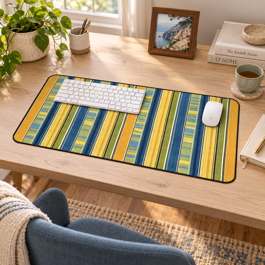 Summer Stripes Delight Desk Mat (Desk Pad) in a warm home workspace with a white Apple mouse.
