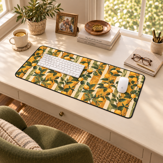 Lemon Grove Elegance Desk Mat (Desk Pad) in a warm home workspace with a white Apple mouse.