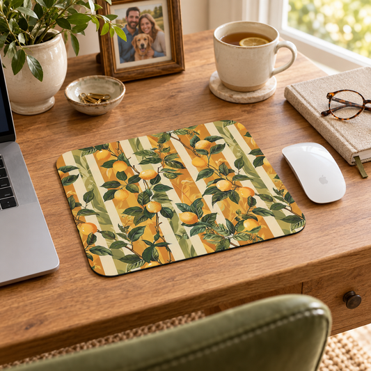 Lemon Grove Elegance Mouse Pad in a warm home workspace with a white Apple mouse.