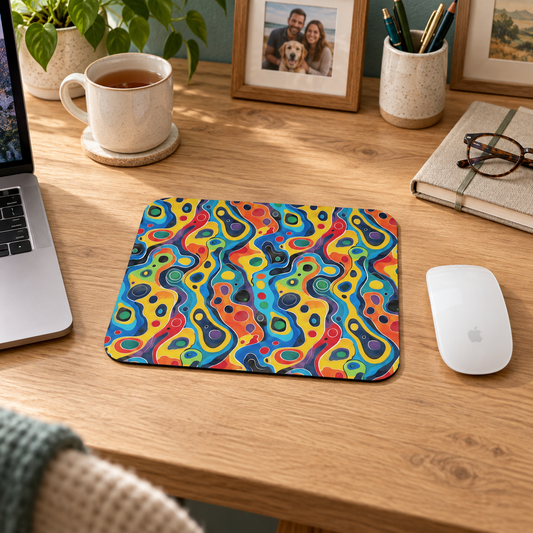 Groovy Splash Mouse Pad in a warm home workspace with a white Apple mouse.