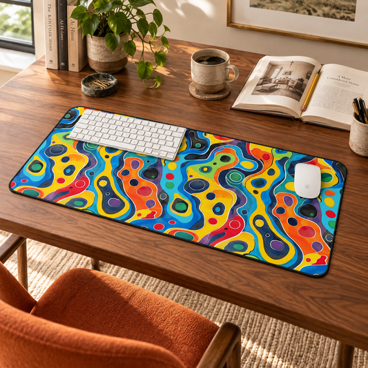 Groovy Splash Desk Mat (Desk Pad) in a warm home workspace with a white Apple mouse.