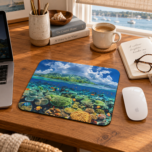 Coral Reef Dreamscape Mouse Pad in a warm home workspace with a white Apple mouse.