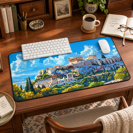 Acropolis Skyline Splendor Desk Mat (Desk Pad) in a warm home workspace with a white Apple mouse.