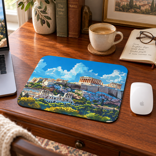 Acropolis Skyline Splendor Mouse Pad in a warm home workspace with a white Apple mouse.